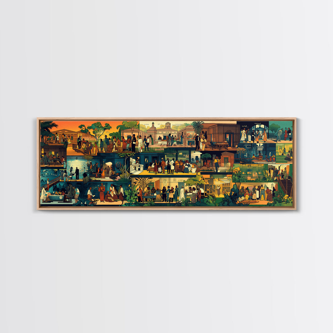 Vibrant African Village Scenes Wall Art, Narrative Marketplace Painting, Cultural Home Decor, Afrocentric Gallery Print Gift