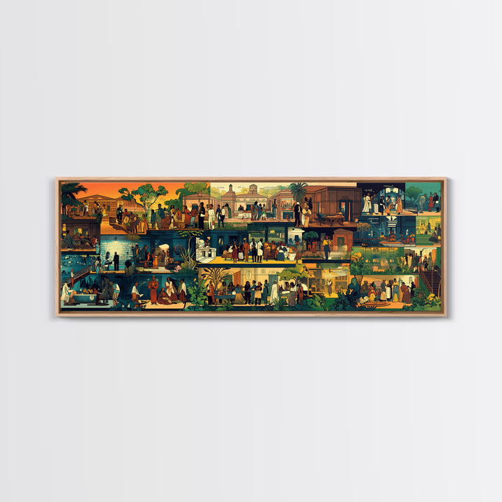 Vibrant African Village Scenes Wall Art, Narrative Marketplace Painting, Cultural Home Decor, Afrocentric Gallery Print Gift