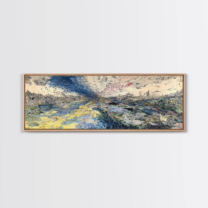 Stormy African Landscape Canvas Print, Abstract Aerial City View, Blue Yellow Modern Wall Decor, Panoramic Statement Art