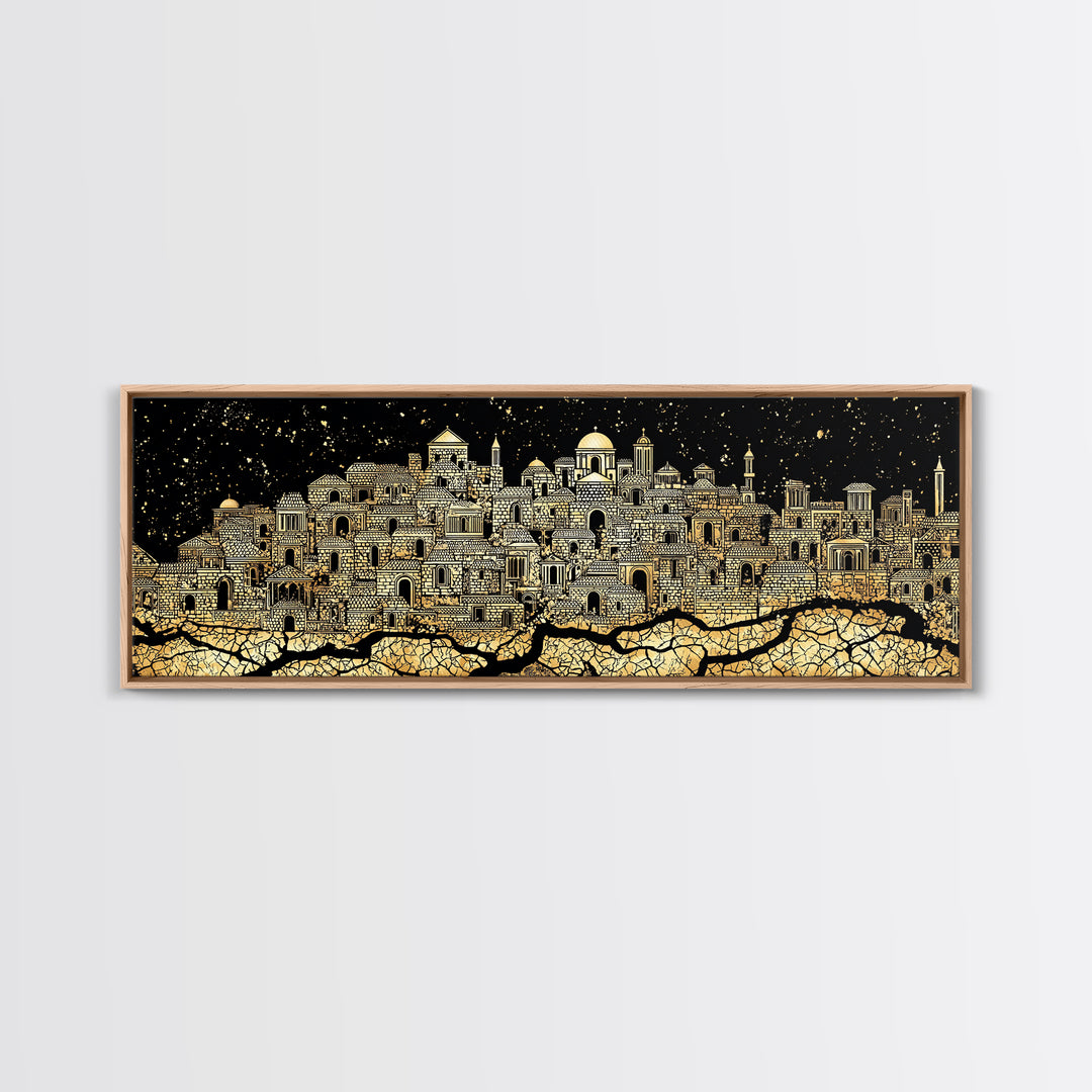 Gold African Night City Wall Art, Starry Palace Skyline, Black And Gold Cultural Decor, Panoramic Canvas Print Gift For Home