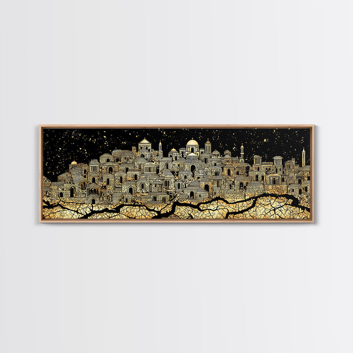 Gold African Night City Wall Art, Starry Palace Skyline, Black And Gold Cultural Decor, Panoramic Canvas Print Gift For Home