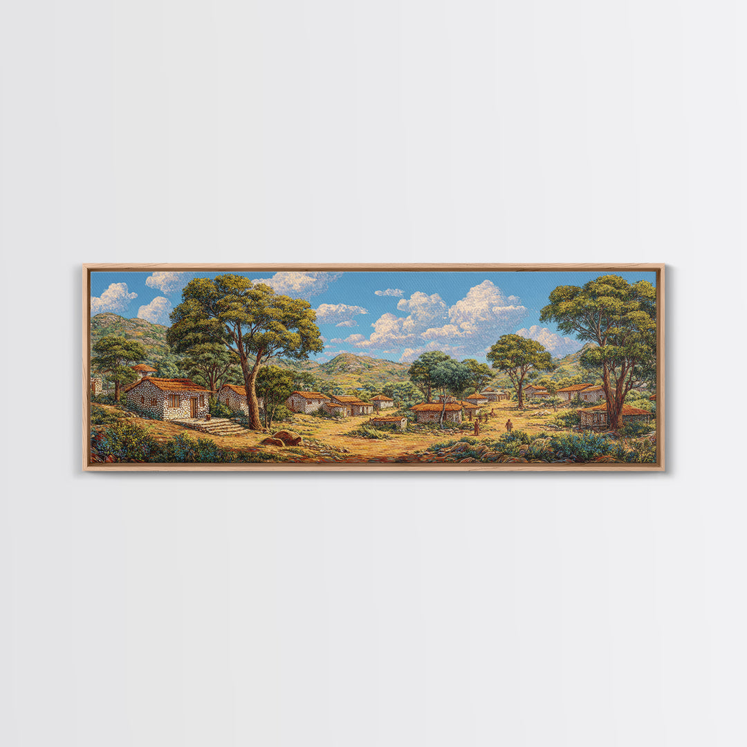 Sunlit African Countryside Landscape Wall Art, Village Nature Scene, Safari Decor, Earth Tone Panoramic Living Room Print