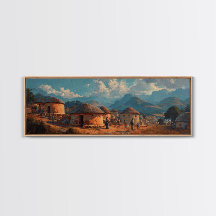 Traditional Round Hut Village Canvas Print, African Landscape Wall Art, Cultural Home Decor, Mountain Sunset Room Accent