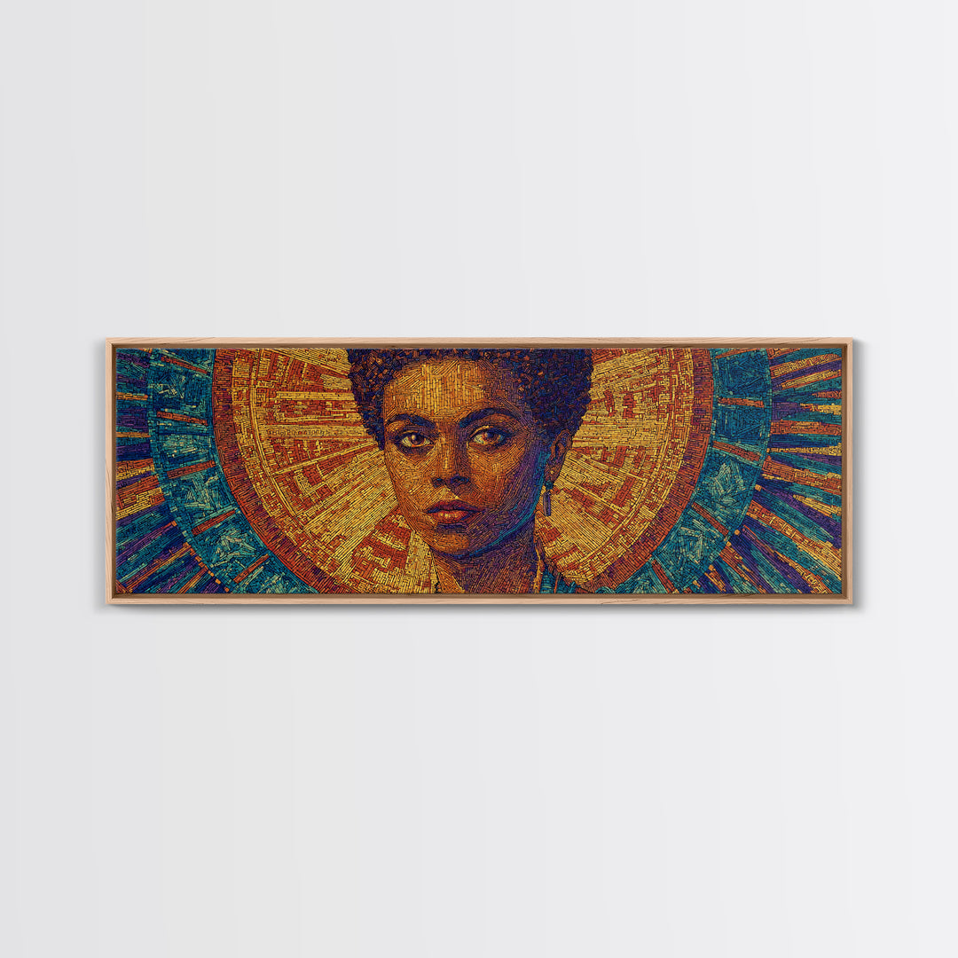 Regal Black Woman With Golden Halo Framed Canvas Print, Afrocentric Wall Art, African Queen Portrait, Melanin Decor Gift