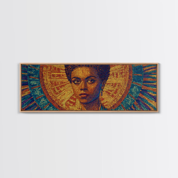 Regal Black Woman With Golden Halo Framed Canvas Print, Afrocentric Wall Art, African Queen Portrait, Melanin Decor Gift