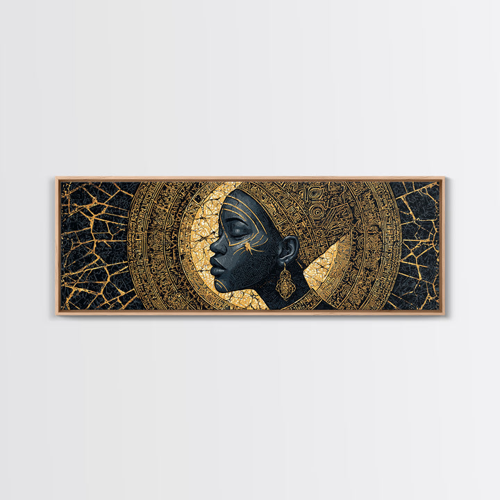 Golden Profile Black Woman Portrait, Abstract African Art Framed Canvas Print, Afrocentric Wall Art, Elegant Home Decor