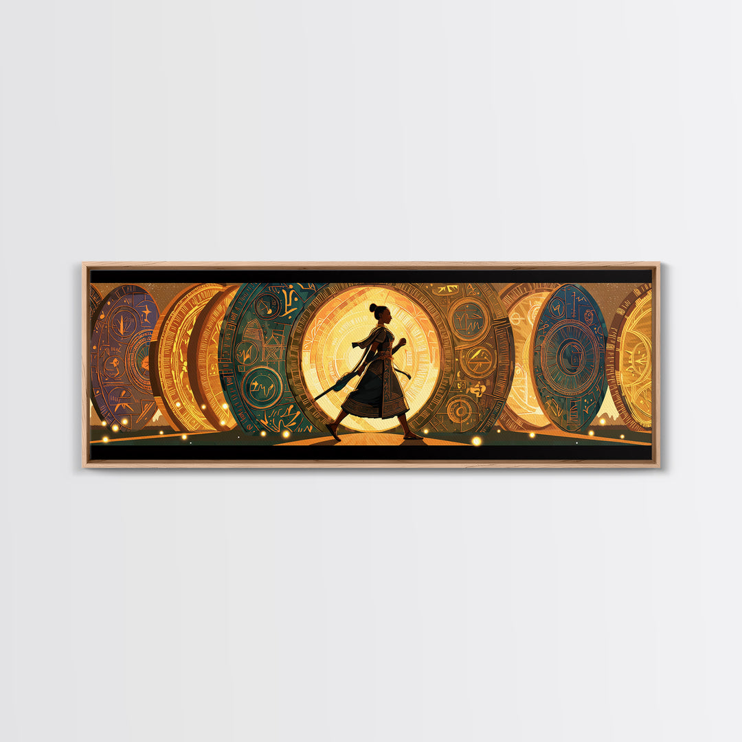 Walking African Woman Silhouette, Golden Portal Wall Art, Modern African Art Canvas Print, Boho Afrocentric Home Decor Gift
