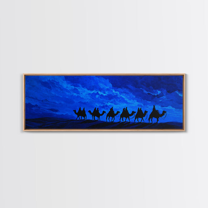 Blue Desert Camel Caravan Wall Art, Moonlit Nomad Silhouette Print, African Safari Decor, Mystical Travel Canvas For Bedroom