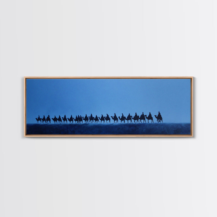 Distant Camel Caravan Canvas Print, Blue Desert Horizon Wall Art, African Travel Poster, Minimalist Safari Decor For Living Room