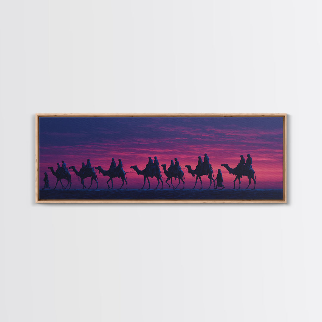 Purple Sunset Camel Caravan Wall Art, Desert Nomad Silhouette Painting, African Safari Decor, Travel Canvas Print For Bedroom
