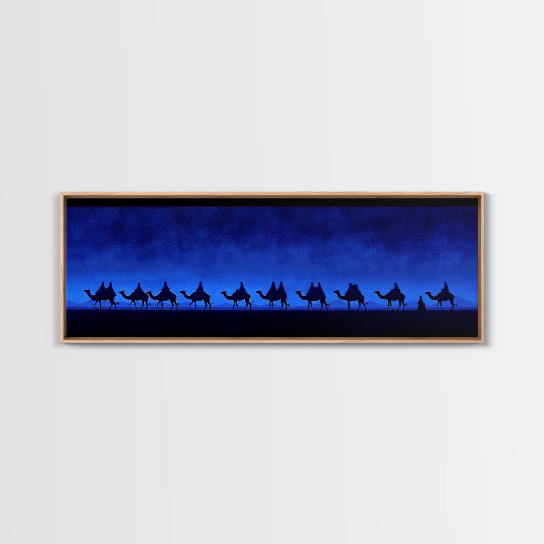 Deep Blue Camel Caravan Canvas Print, Desert Silhouette Wall Art, African Safari Poster, Minimalist Travel Decor For Home