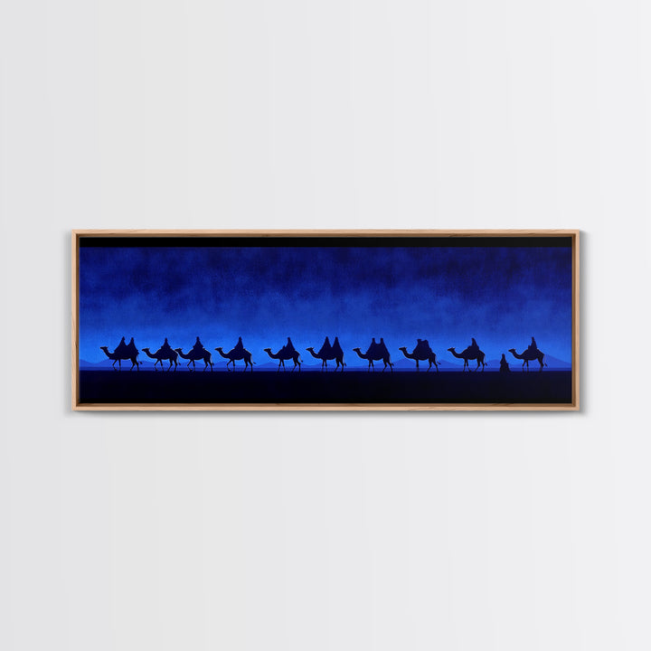 Deep Blue Camel Caravan Canvas Print, Desert Silhouette Wall Art, African Safari Poster, Minimalist Travel Decor For Home