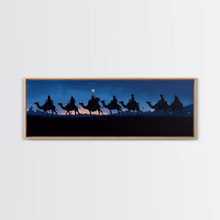 Night Camel Caravan Framed Canvas Print, Blue Desert Silhouette Wall Art, African Safari Travel Decor, Nomad Scene For Home