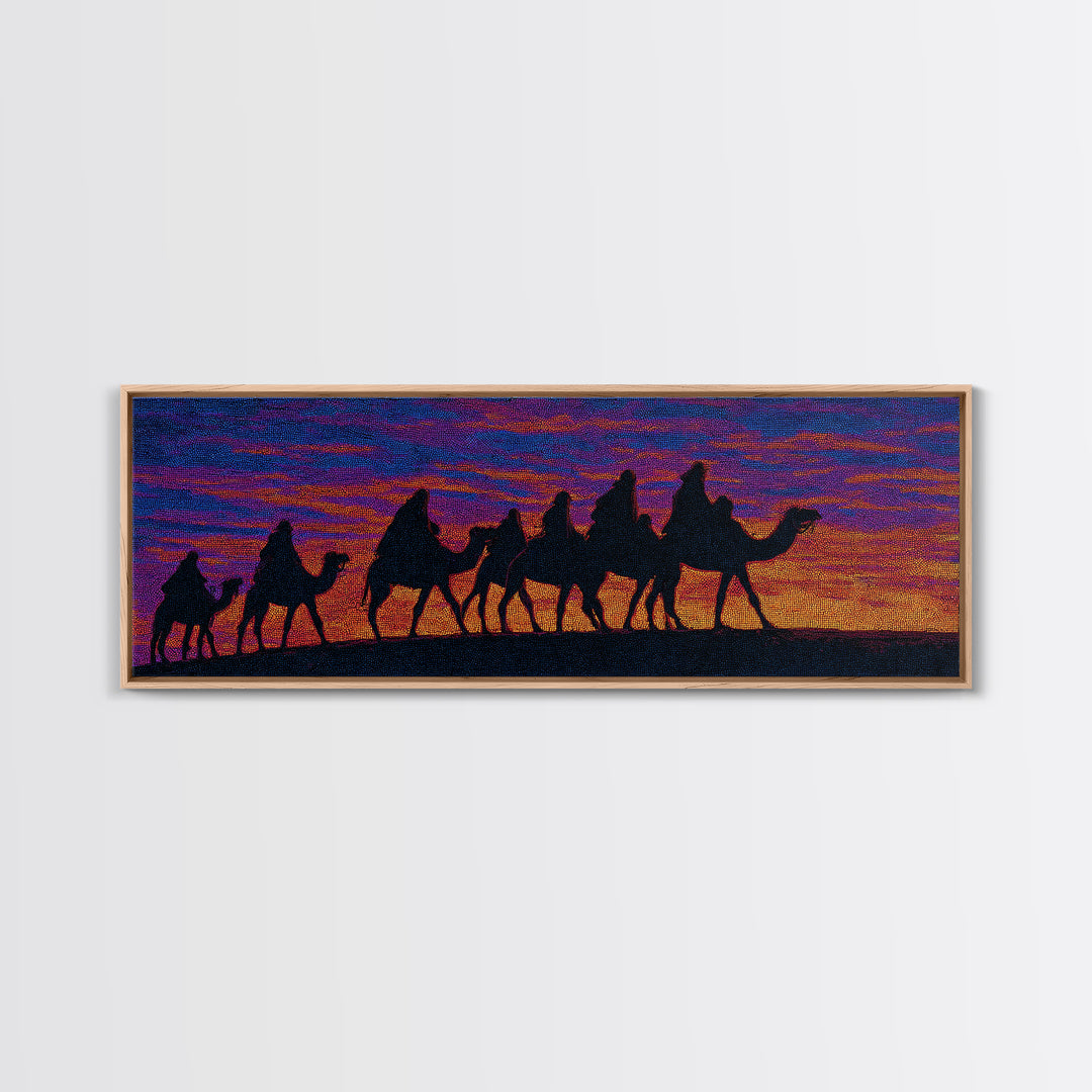 Vibrant Sunset Camel Caravan Silhouette Canvas Print, African Safari Wall Decor, Boho Desert Landscape, Colorful Art Gift