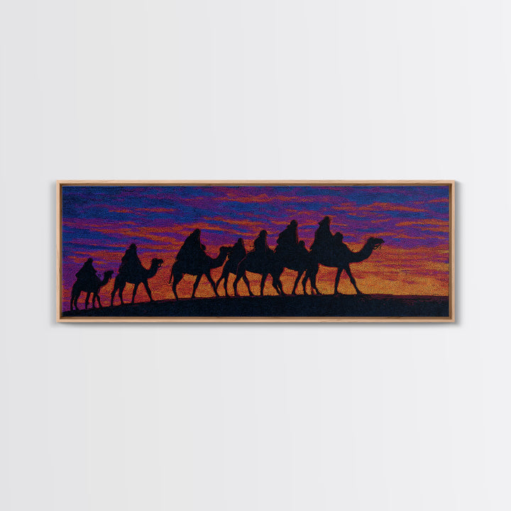 Vibrant Sunset Camel Caravan Silhouette Canvas Print, African Safari Wall Decor, Boho Desert Landscape, Colorful Art Gift