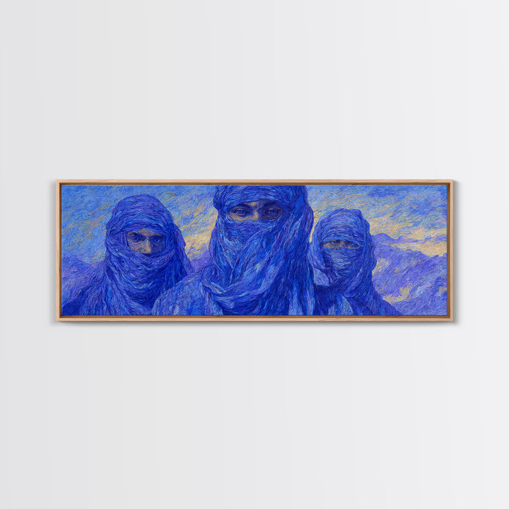 Three Blue Veiled Tuareg Portraits Canvas Print, African Painting Wall Art, Sahara Desert Decor, Modern Cultural Artwork