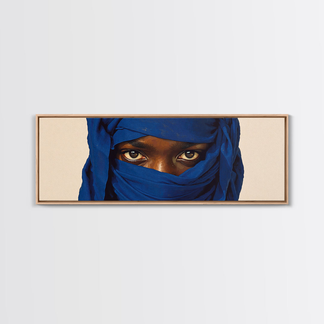 Intense Blue Veiled Eyes Portrait Canvas Print, African Woman Wall Art, Black Female Art, Minimalist Sahara Home Decor Gift