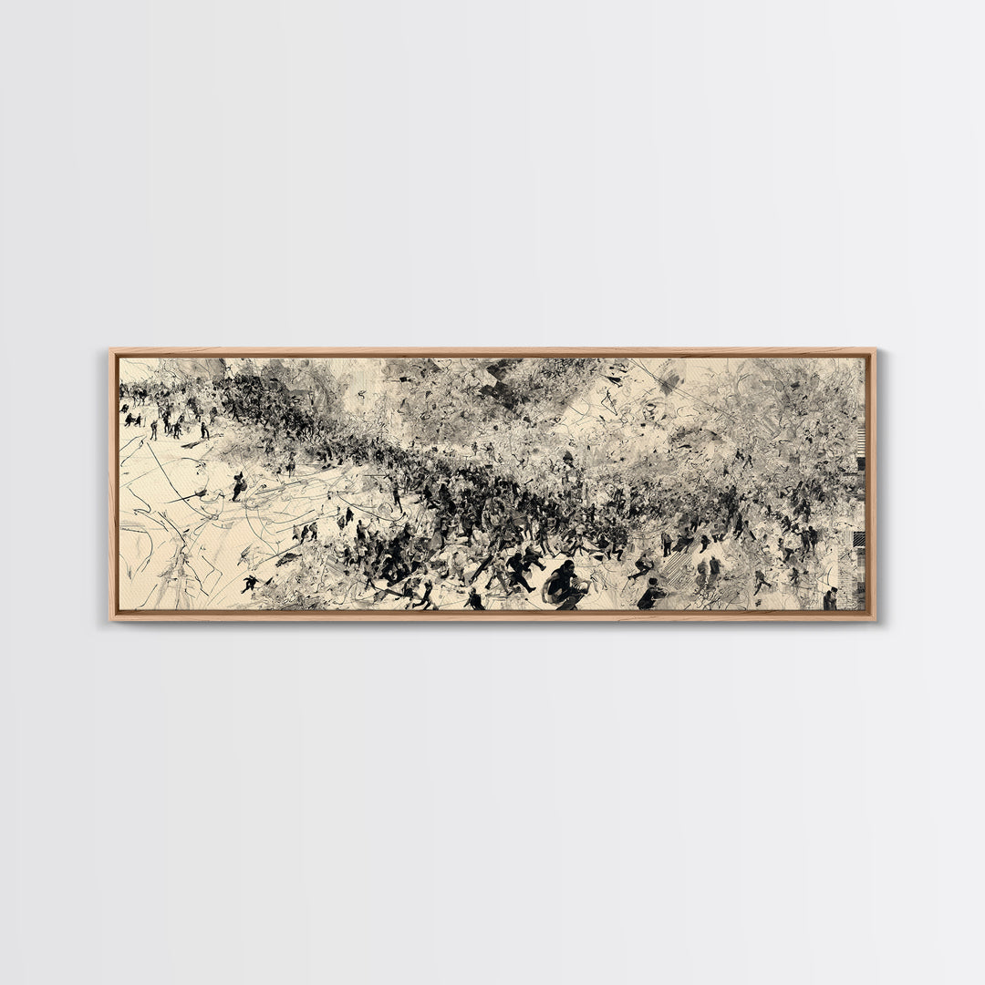 Monochrome African Migration Wall Art, Abstract Crowd Landscape, Black And White Culture Decor, Panoramic Art Print Home Gift