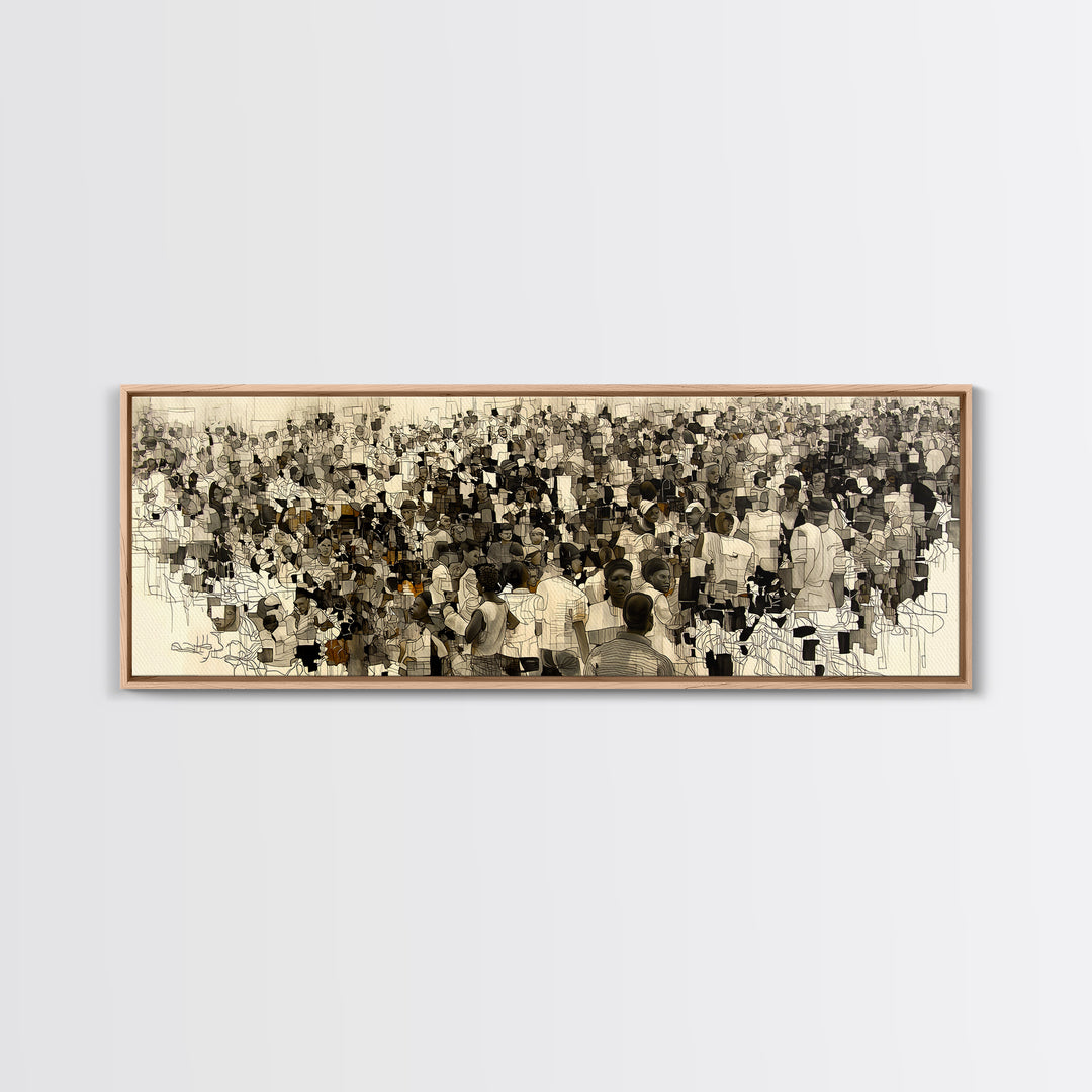 Sepia African Community Wall Art, Crowded Market Portrait, Black People Culture Decor, Panoramic Canvas Print Gift For Home