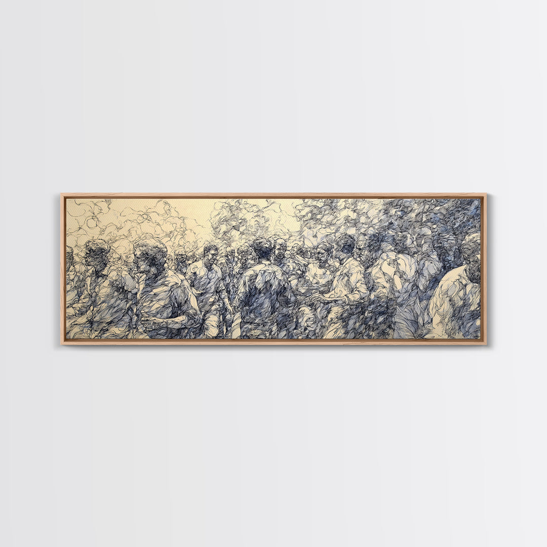 Blue Ink African Community Canvas Print, Expressive Line Drawing, Cultural Wall Decor, Black People Panoramic Art Home Decor Gift