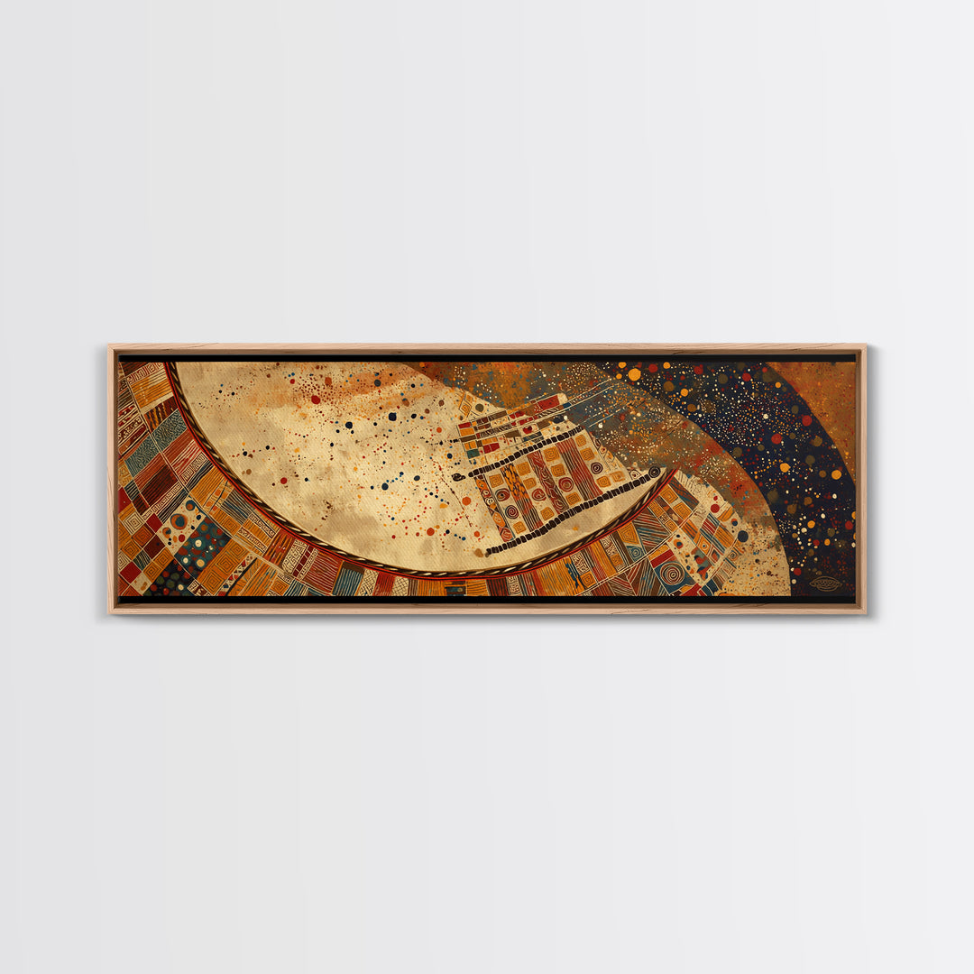 Celestial Ankara Crescent With Orange Patterns Canvas Print, African Fabric Art, Afrocentric Wall Decor, Boho Cultural Art