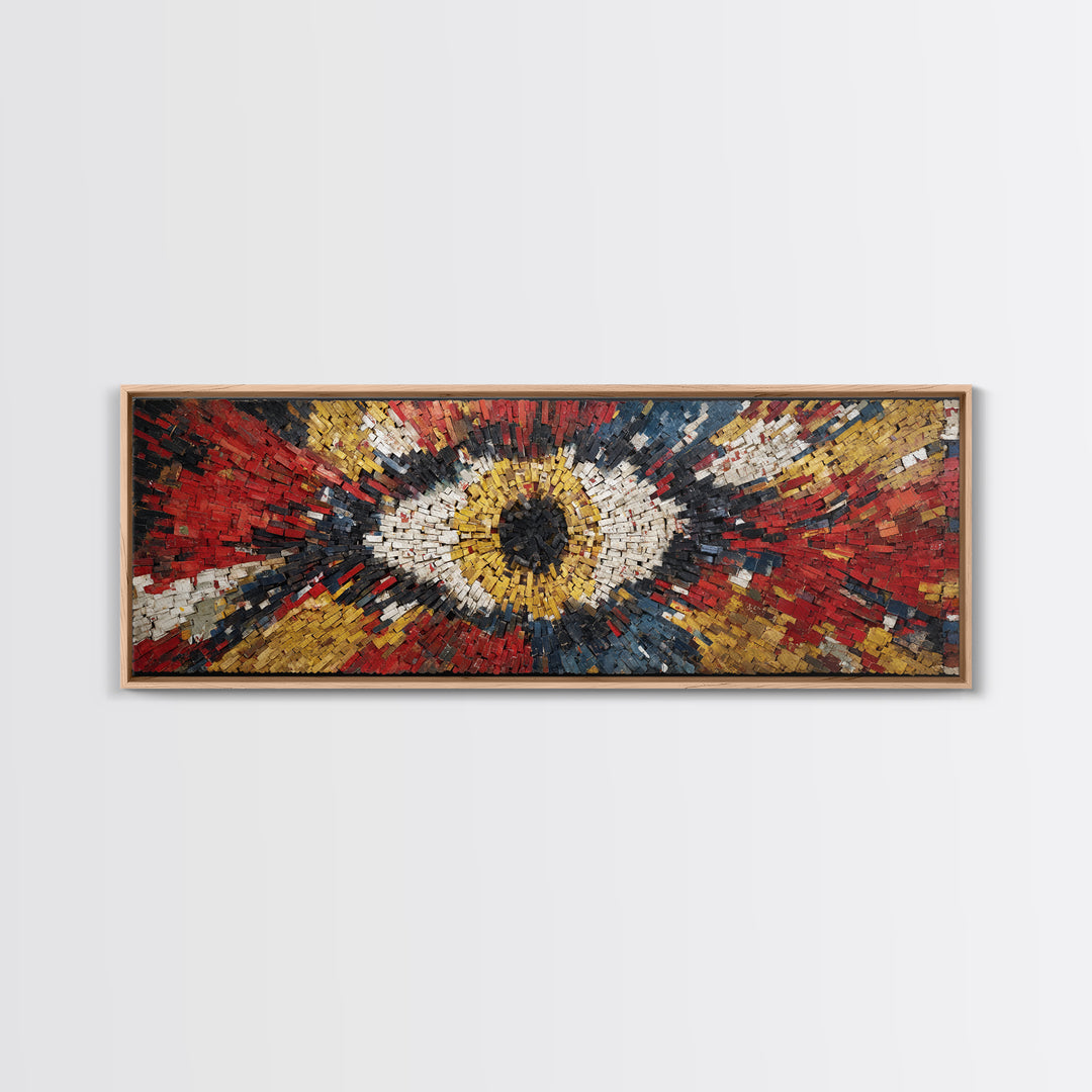 Exploding Eye Mosaic In Red Gold And Navy Framed Canvas Print, Abstract African Art, Bold Statement Wall Decor For Living Room