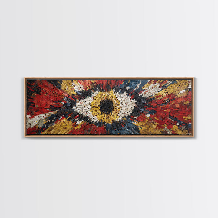 Exploding Eye Mosaic In Red Gold And Navy Framed Canvas Print, Abstract African Art, Bold Statement Wall Decor For Living Room