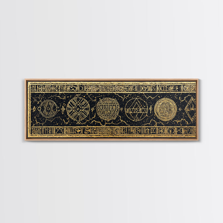 Gold Sacred Geometry Symbols On Black Canvas Print, African Patterns, Tribal Wall Art, Mystical Meditation Home Decor Gift