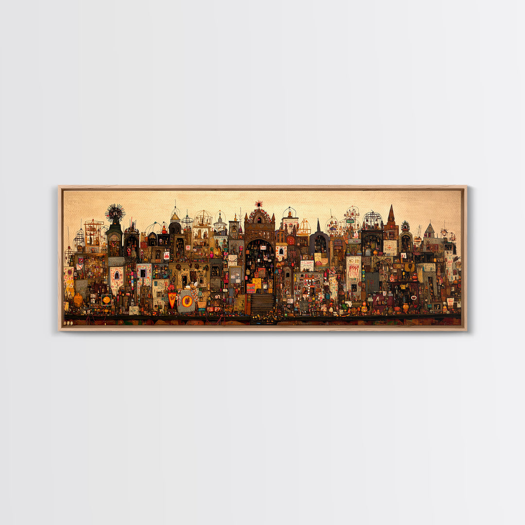 Intricate Fantasy City Shrine With Towers Canvas Print, African Inspired Wall Art, Maximalist Cultural Home Decor Unique Gift