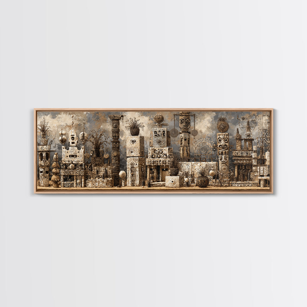 Monochrome African Totem Sculptures And Carved Masks Framed Canvas Print, Tribal Wall Decor, African Artwork, Cultural Art