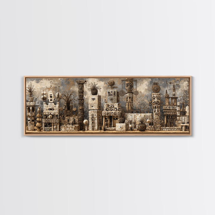 Monochrome African Totem Sculptures And Carved Masks Framed Canvas Print, Tribal Wall Decor, African Artwork, Cultural Art