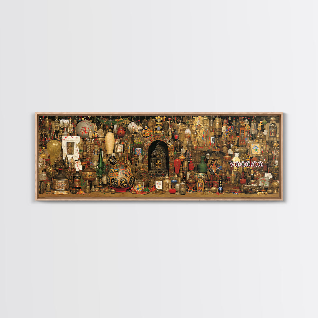 Voodoo Altar Shelf With Masks Bottles And Sacred Objects Canvas Print, Afrocentric Wall Art, African Decor, Spiritual Wall Decor