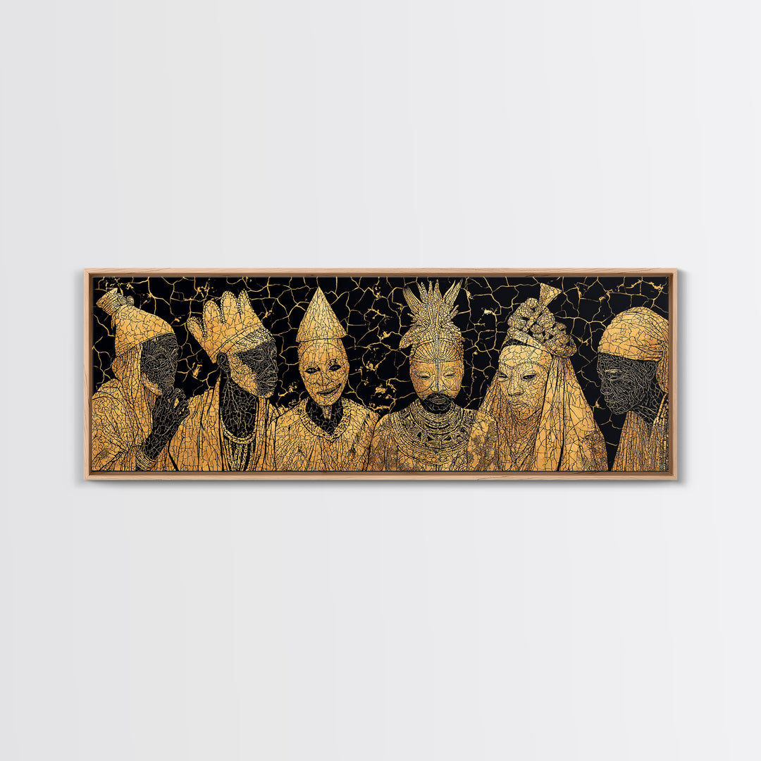 Gold African Royal Figures In Patterned Tribal Masks Framed Canvas Print, Black And Gold Art, African Wall Decor, Afro Art