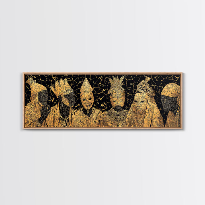 Gold African Royal Figures In Patterned Tribal Masks Framed Canvas Print, Black And Gold Art, African Wall Decor, Afro Art