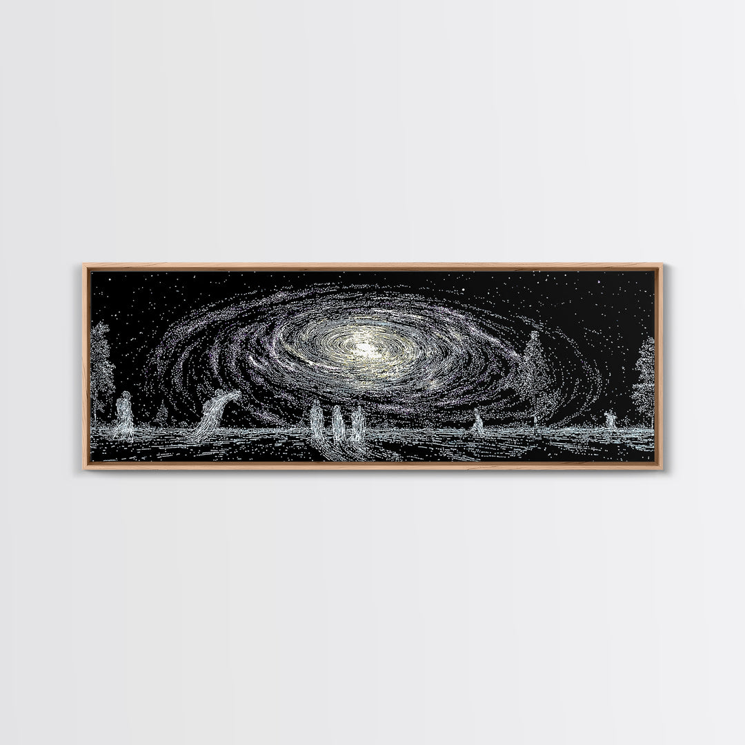 Cosmic Spiral Galaxy Over Water And Tiny Figures Canvas Print, Mystical Wall Art, Black And White Art, Contemporary Wall Art