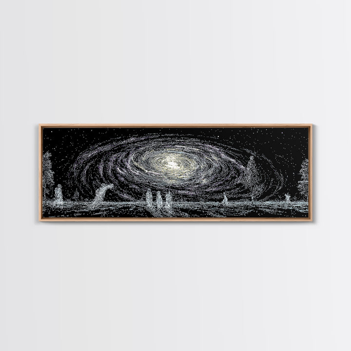 Cosmic Spiral Galaxy Over Water And Tiny Figures Canvas Print, Mystical Wall Art, Black And White Art, Contemporary Wall Art