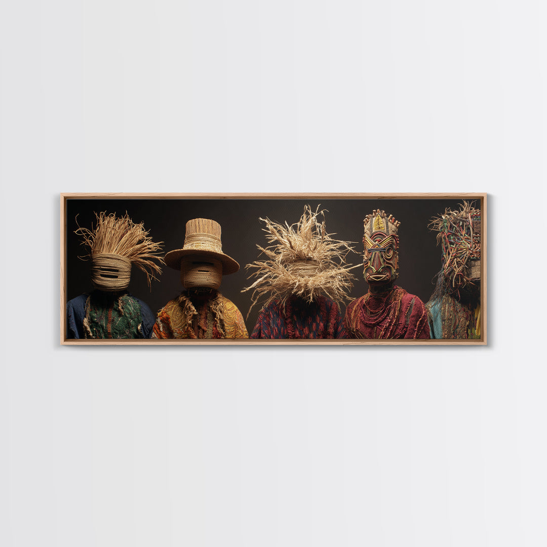 Straw Masked African Figures In Woven Textiles Framed Canvas Print, Tribal Portrait Wall Art, Afrocentric Home Decor Gift
