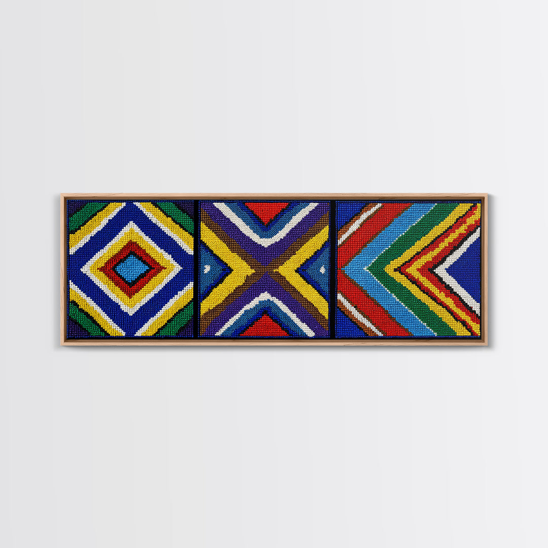 Three Panel Beaded Diamond Canvas Print, African Tribal Chevron Pattern, Geometric Wall Art, Colorful Boho Wall Decor, Set Of 3 Art