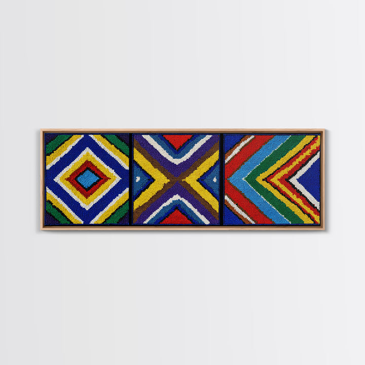 Three Panel Beaded Diamond Canvas Print, African Tribal Chevron Pattern, Geometric Wall Art, Colorful Boho Wall Decor, Set Of 3 Art