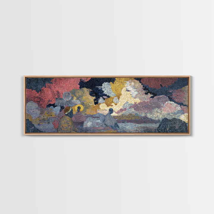 Sunset Harbor Figures In Textured Clouds Wall Art, African Inspired Landscape, Colorful Modern Canvas Print For Living Room