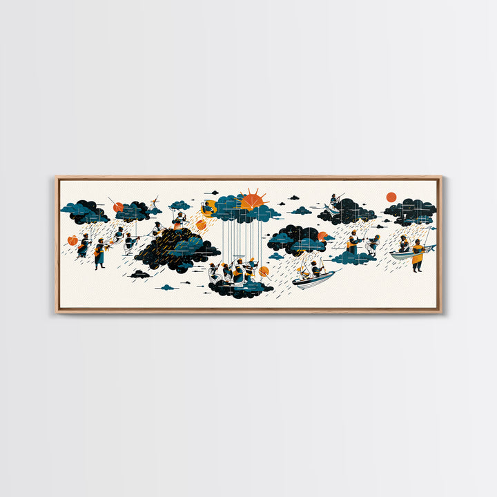 Whimsical Rain Cloud Journey Wall Art, Tiny Boats And Figures Illustration, Modern Blue Orange Canvas Print, Playful Decor