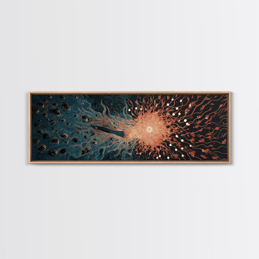 Fiery Coral Organic Bloom Wall Art, Teal Black Abstract Canvas Print, Contemporary Fluid Energy Decor, Bold Home Artwork