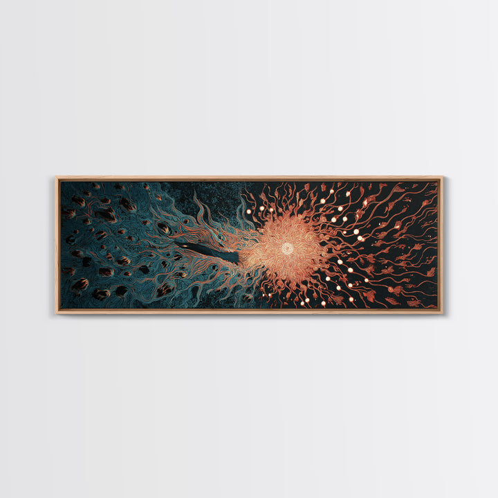 Fiery Coral Organic Bloom Wall Art, Teal Black Abstract Canvas Print, Contemporary Fluid Energy Decor, Bold Home Artwork