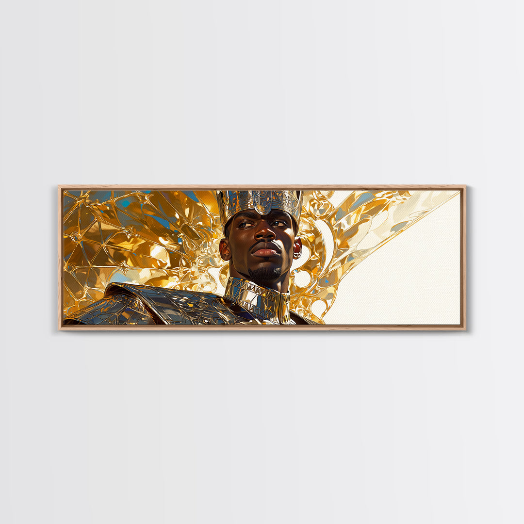 Majestic Black King In Gold Armor Framed Canvas Print, African Portrait, Black Man Wall Art, Afrocentric Decor, Royal Gift