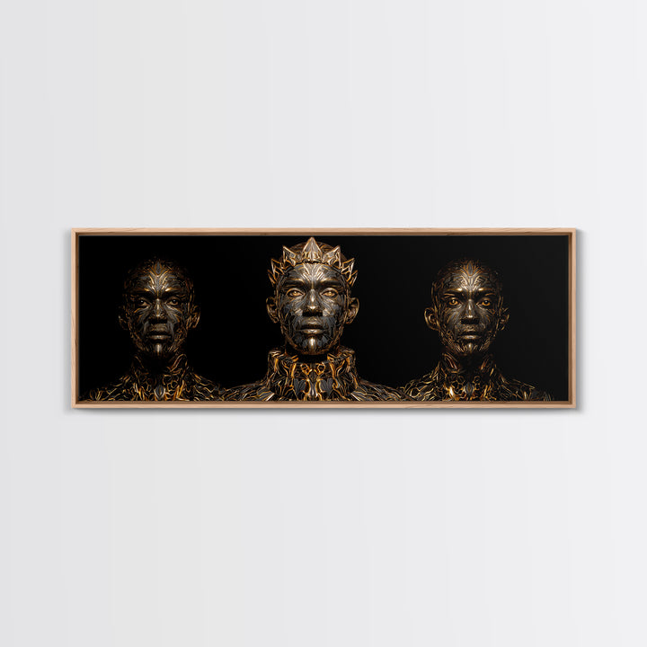Three Crowned Black Kings In Gold Wall Art, African Warrior Art, Afrocentric Canvas Decor, Black Culture Art, Royal Portrait