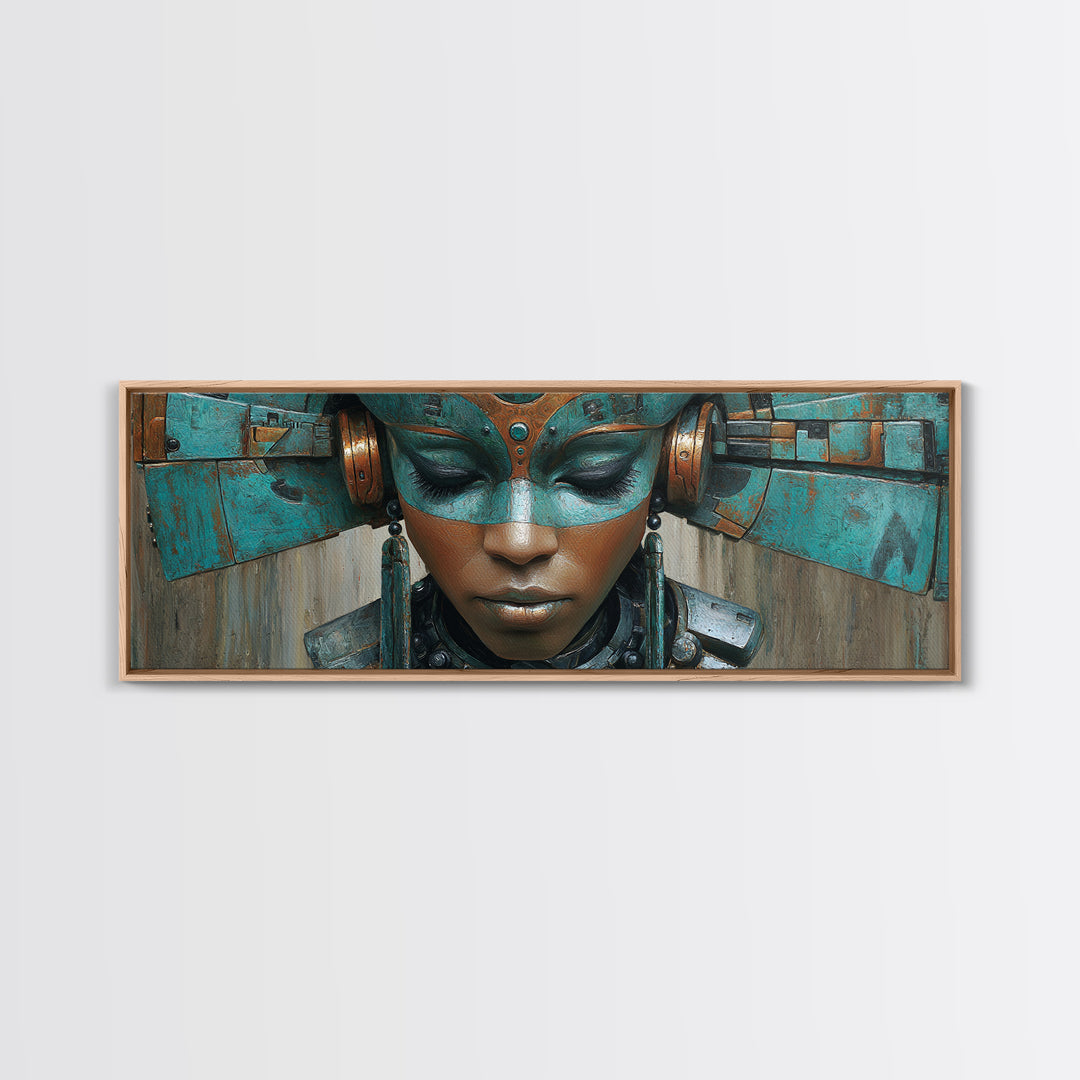 Futuristic Turquoise African Queen Mask Canvas Print, Afrofuturism Decor, Black Goddess Portrait, Modern Afro Wall Decor