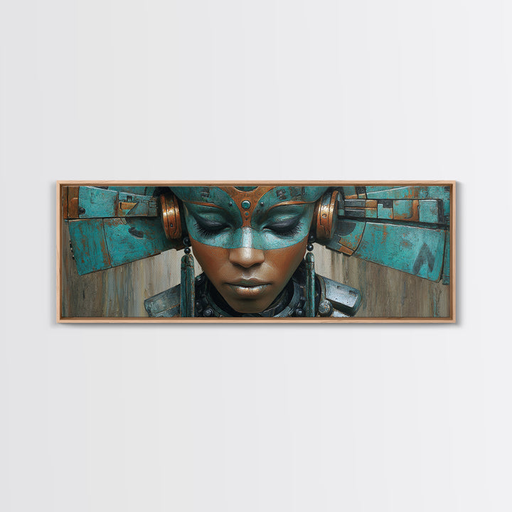 Futuristic Turquoise African Queen Mask Canvas Print, Afrofuturism Decor, Black Goddess Portrait, Modern Afro Wall Decor