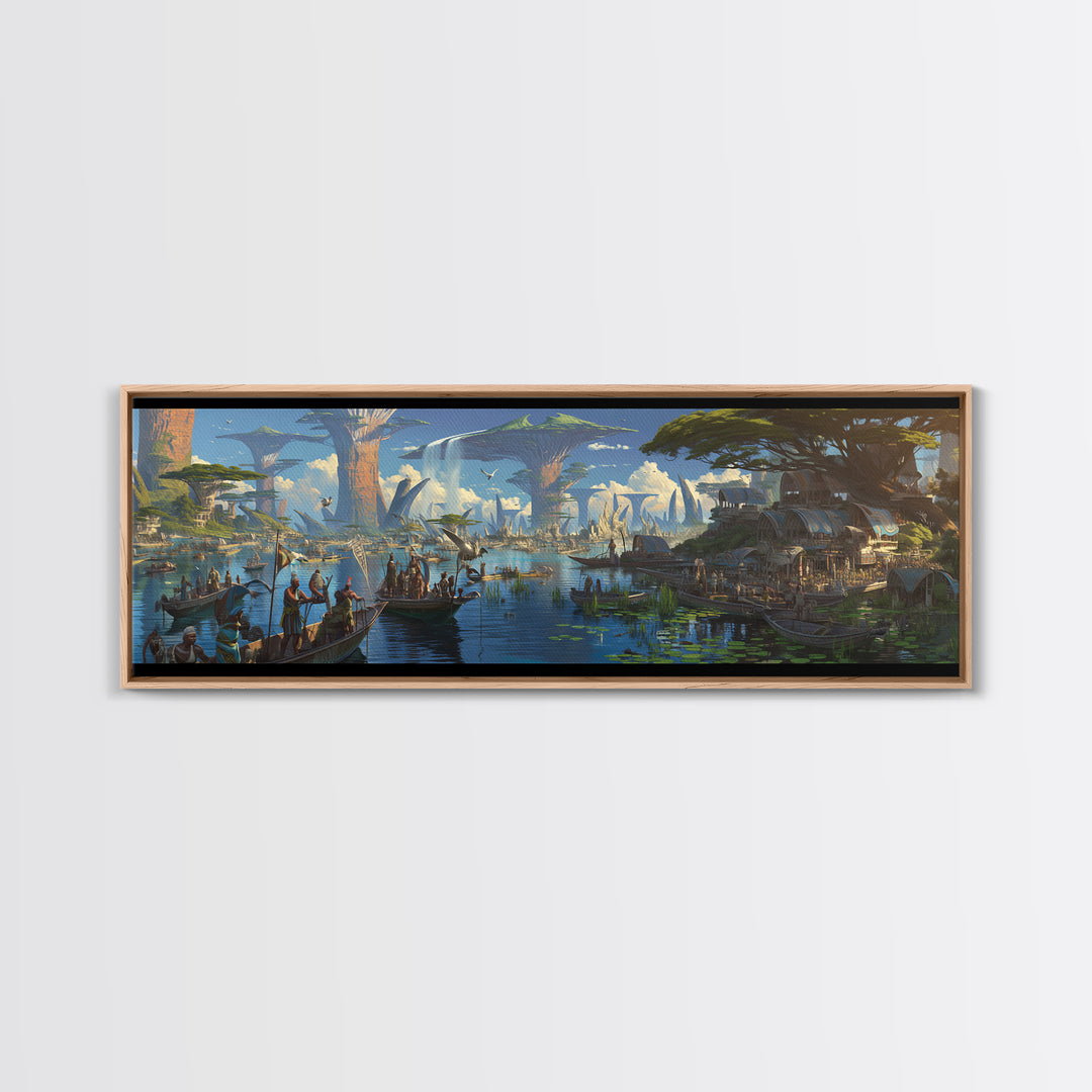Afrofuturist African Waterfront Village Wall Art, Fantasy Baobab Landscape, Cultural Safari Decor, Unique Canvas Gift, Home Decor