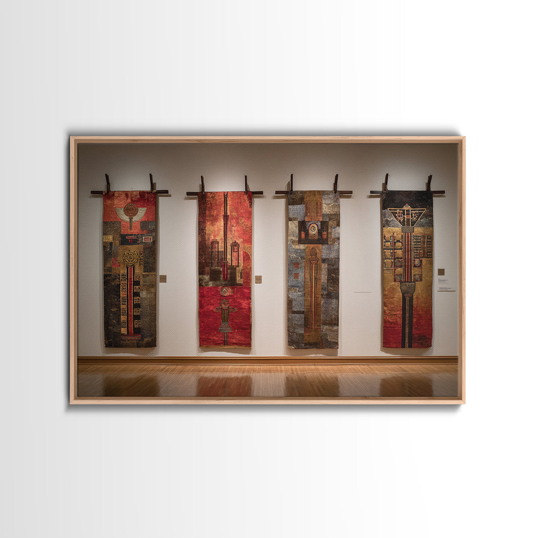 Earth Tone Textile Banners In Gallery, African Wall Art, Cultural Home Decor, Textile Art, Modern Framed Canvas Print, Museum Decor