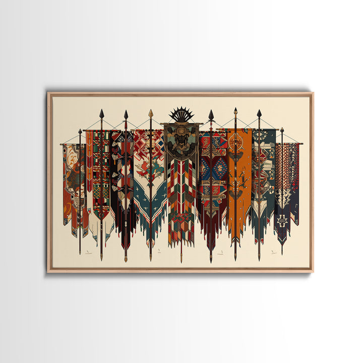 Patterned Tribal War Banners With Spears, African Wall Art, Ankara Decor, Cultural Art Print, Bold Framed Canvas Print, Ethnic Wall Decor